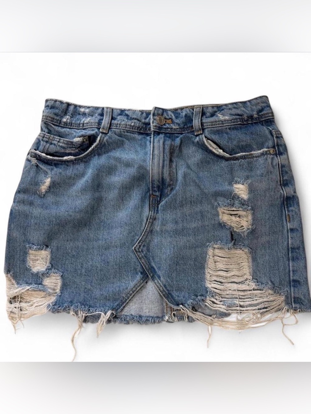 Zara TRF Light Blue Distressed Denim Mini Skirt